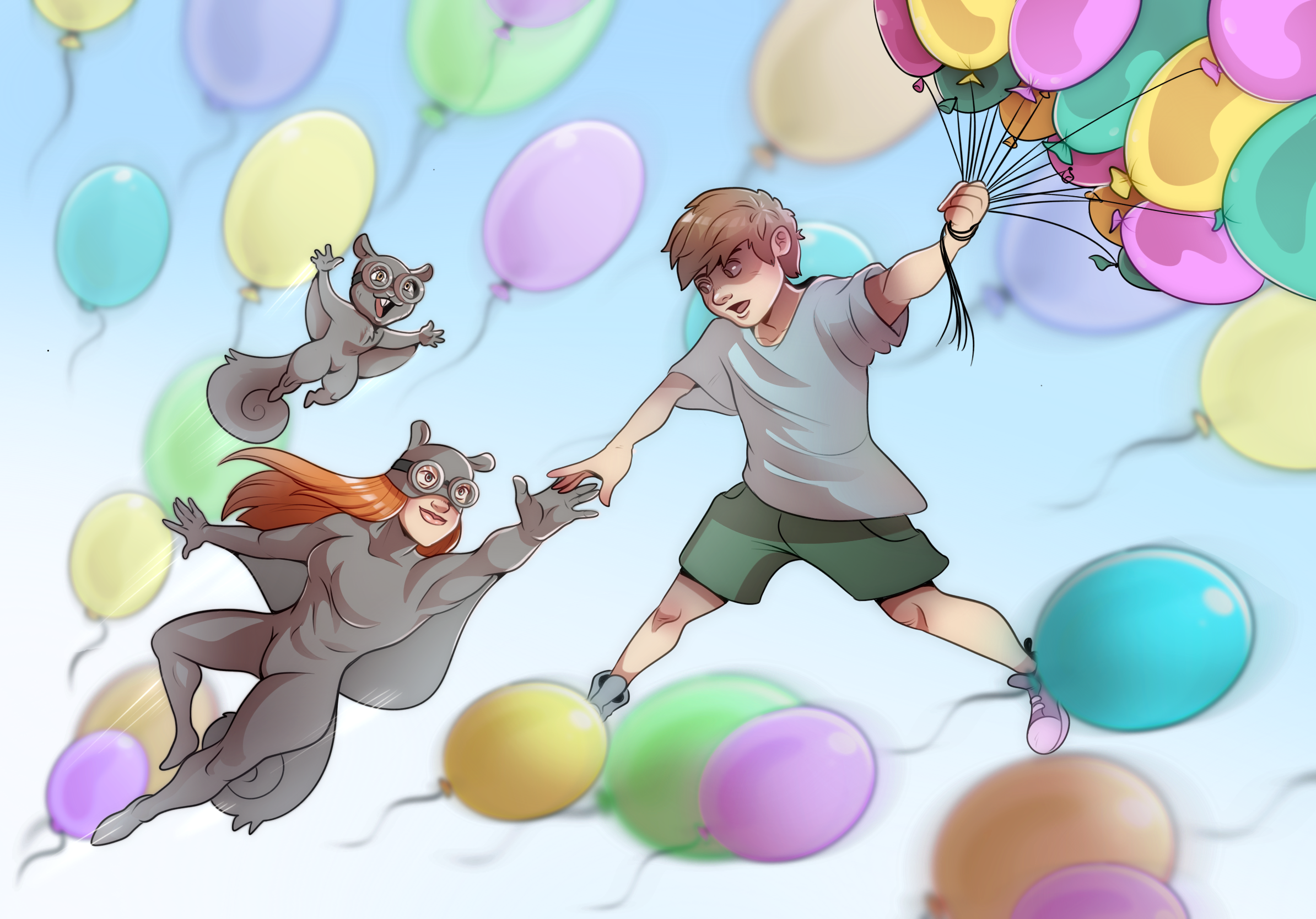 Characters flying with balloons — commission illustration